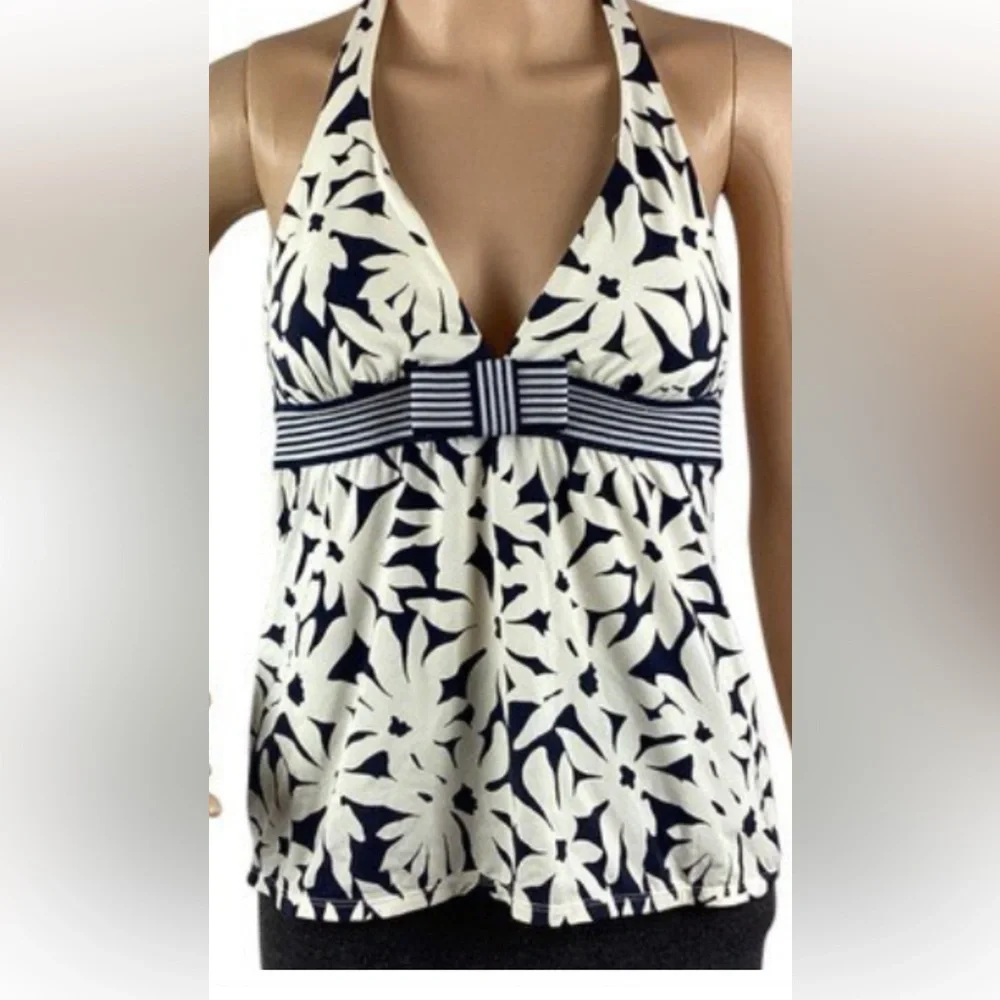 Liz Claiborne navy blue bow tie floral print Tankini swimwear